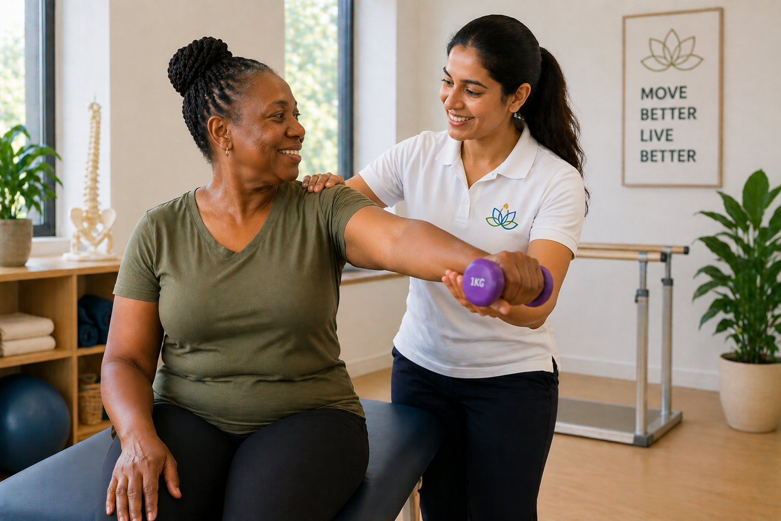 Physiotherapist guiding patient through rehabilitation exercises at home